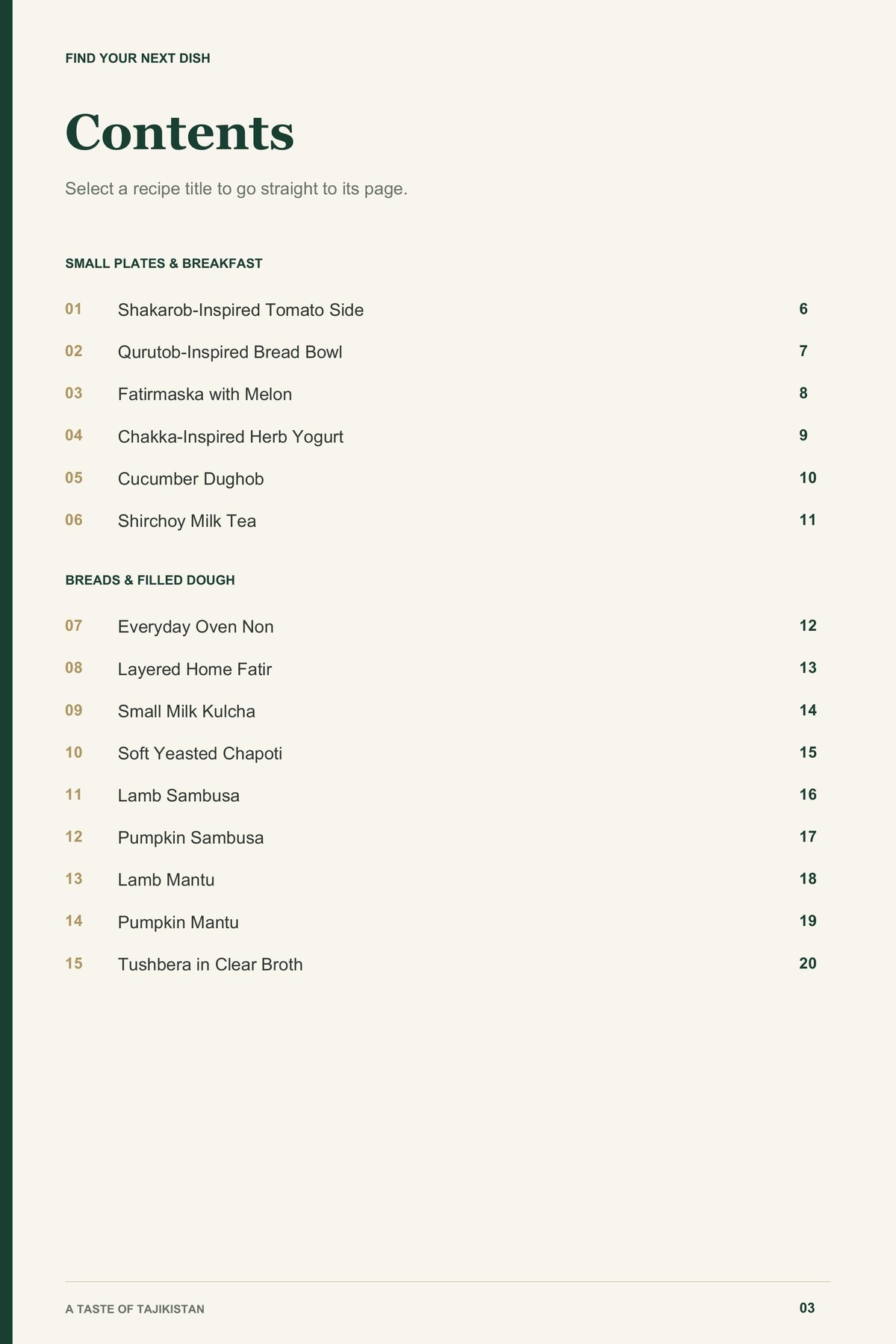 Contents, page 1 from A Taste of Tajikistan
