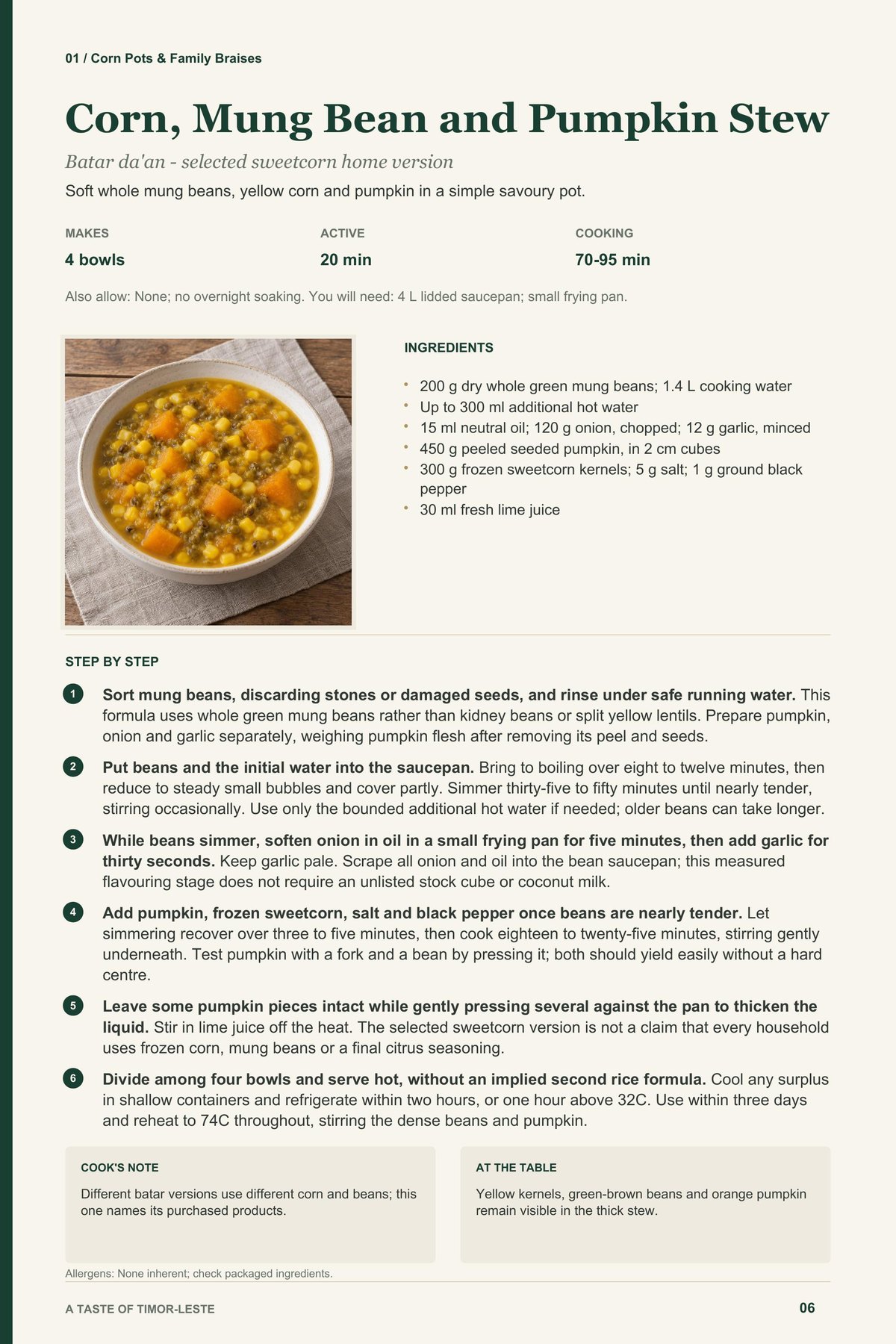 Corn, Mung Bean and Pumpkin Stew recipe page from A Taste of Timor-Leste