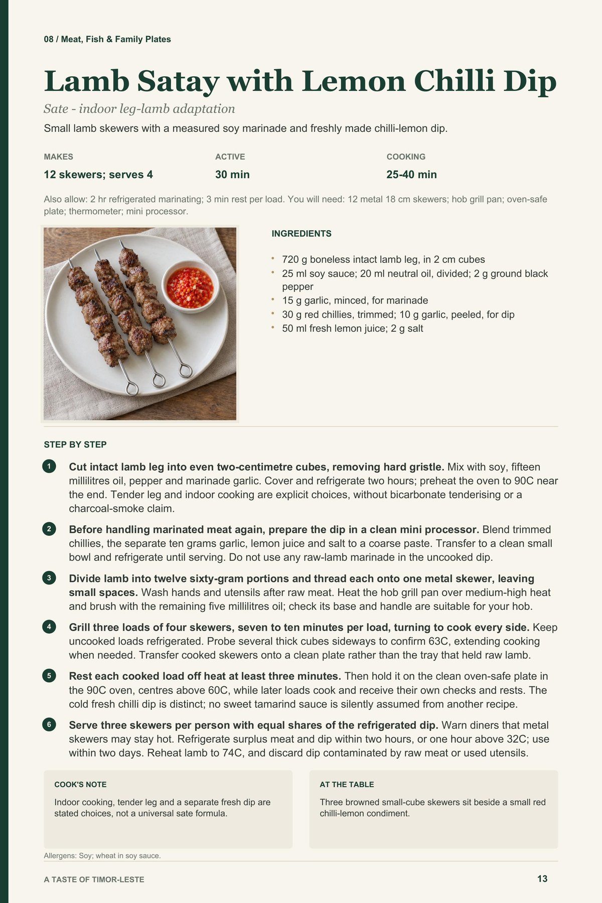 Lamb Satay with Lemon Chilli Dip recipe page from A Taste of Timor-Leste