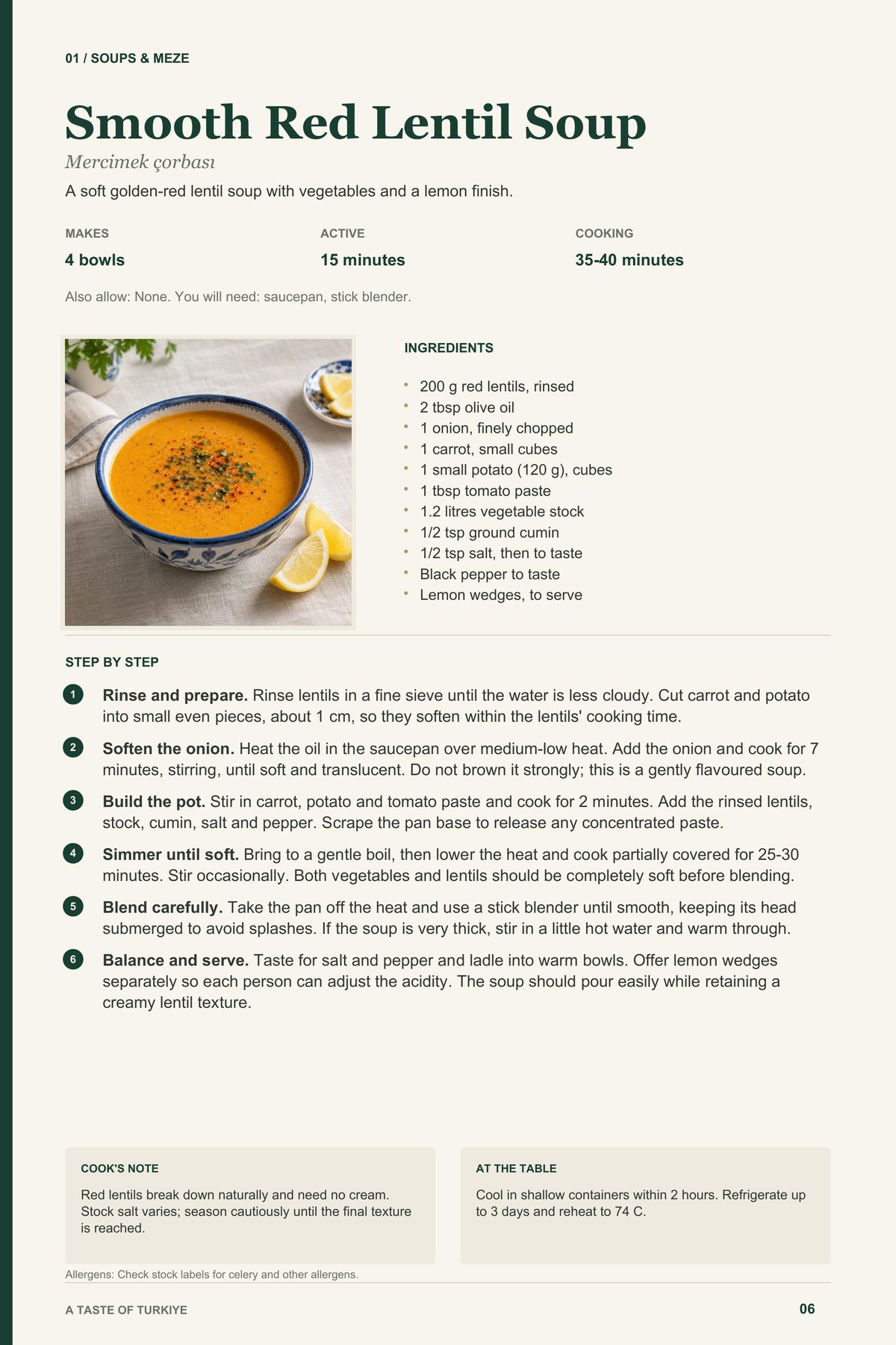 Smooth Red Lentil Soup recipe page from A Taste of Turkiye