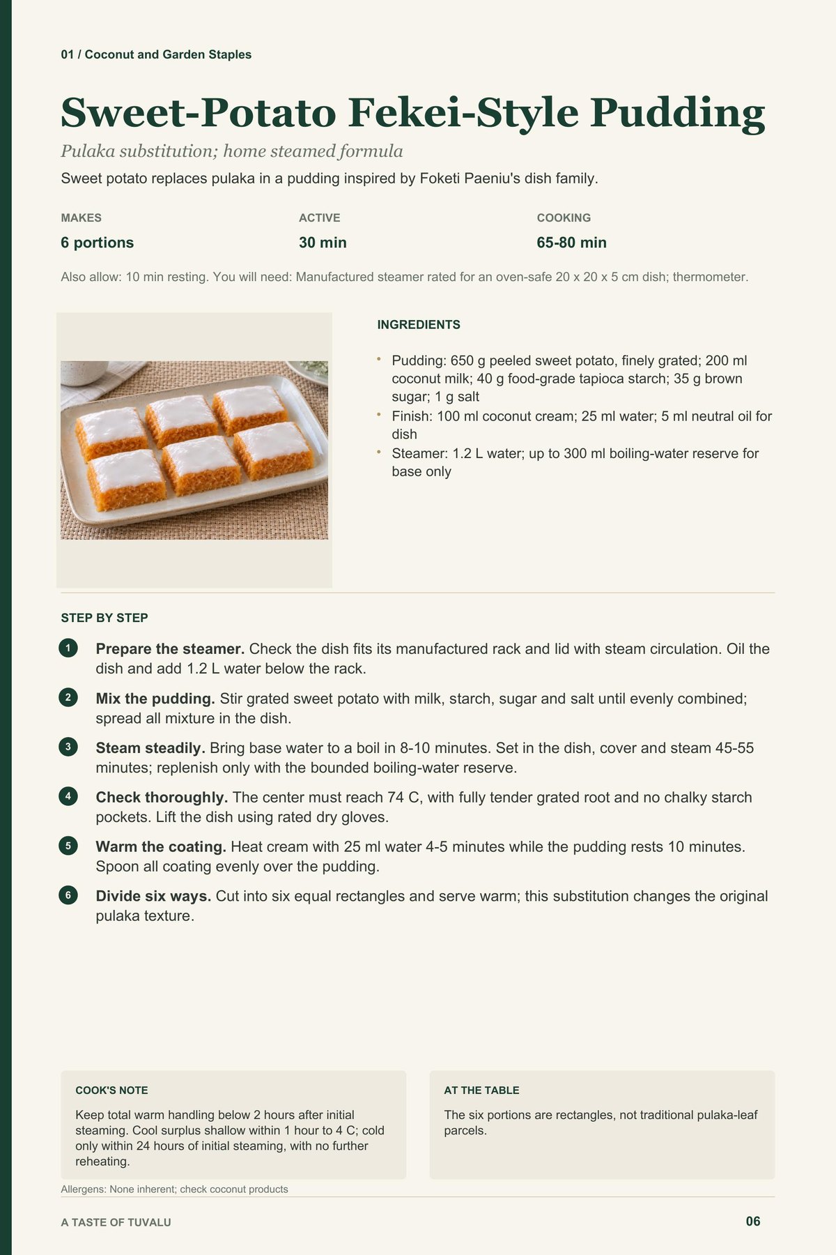 Sweet-Potato Fekei-Style Pudding recipe page from A Taste of Tuvalu