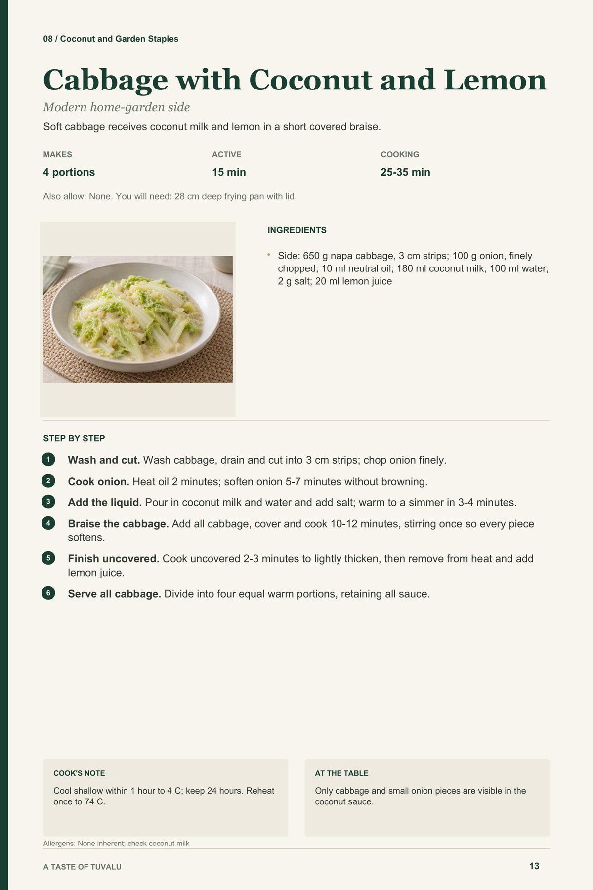 Cabbage with Coconut and Lemon recipe page from A Taste of Tuvalu