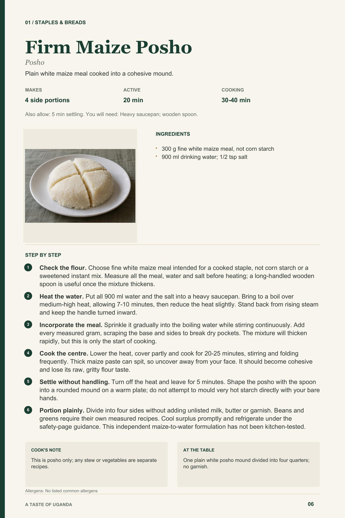 Firm Maize Posho recipe page from A Taste of Uganda