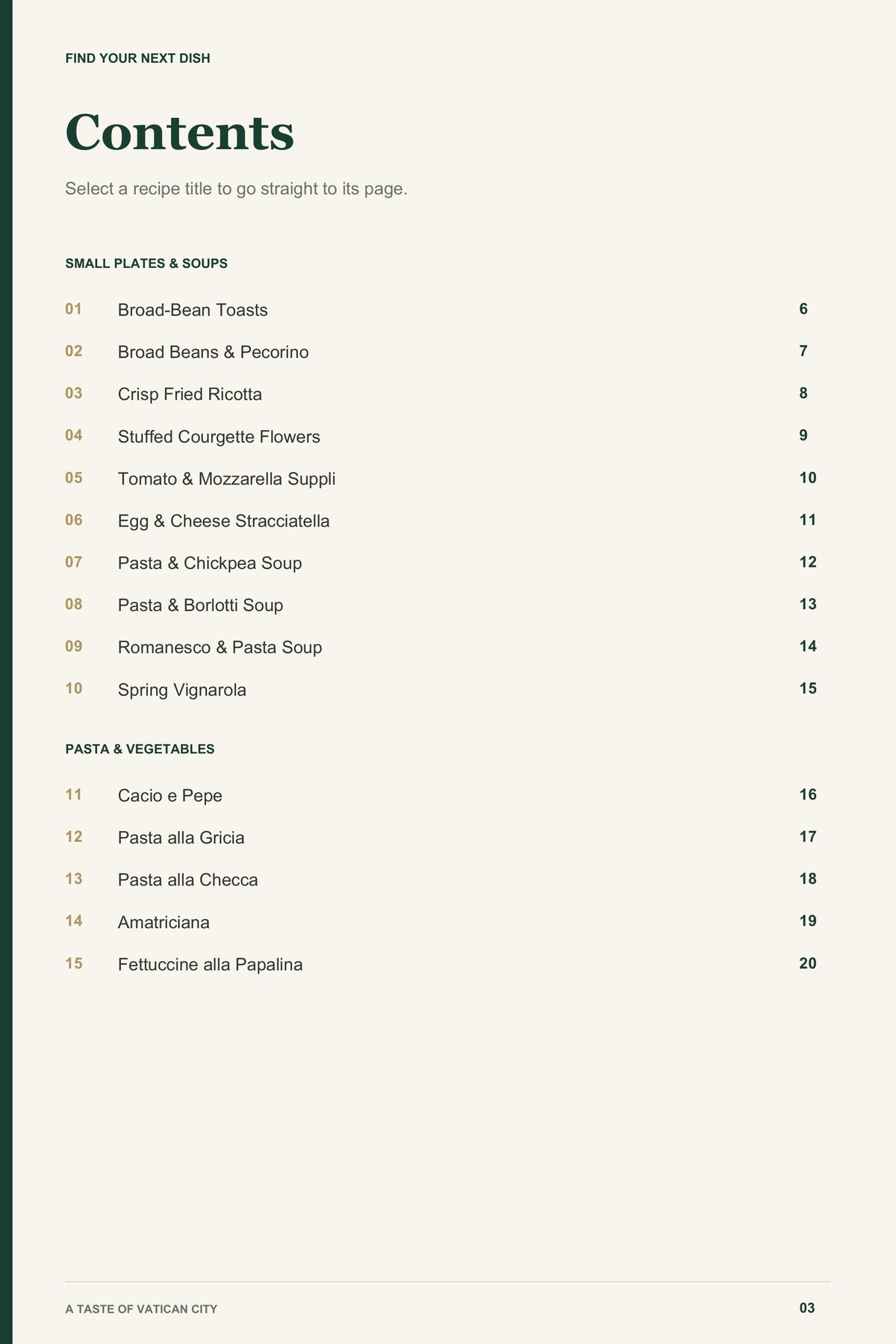 Contents, page 1 from A Taste of Vatican City
