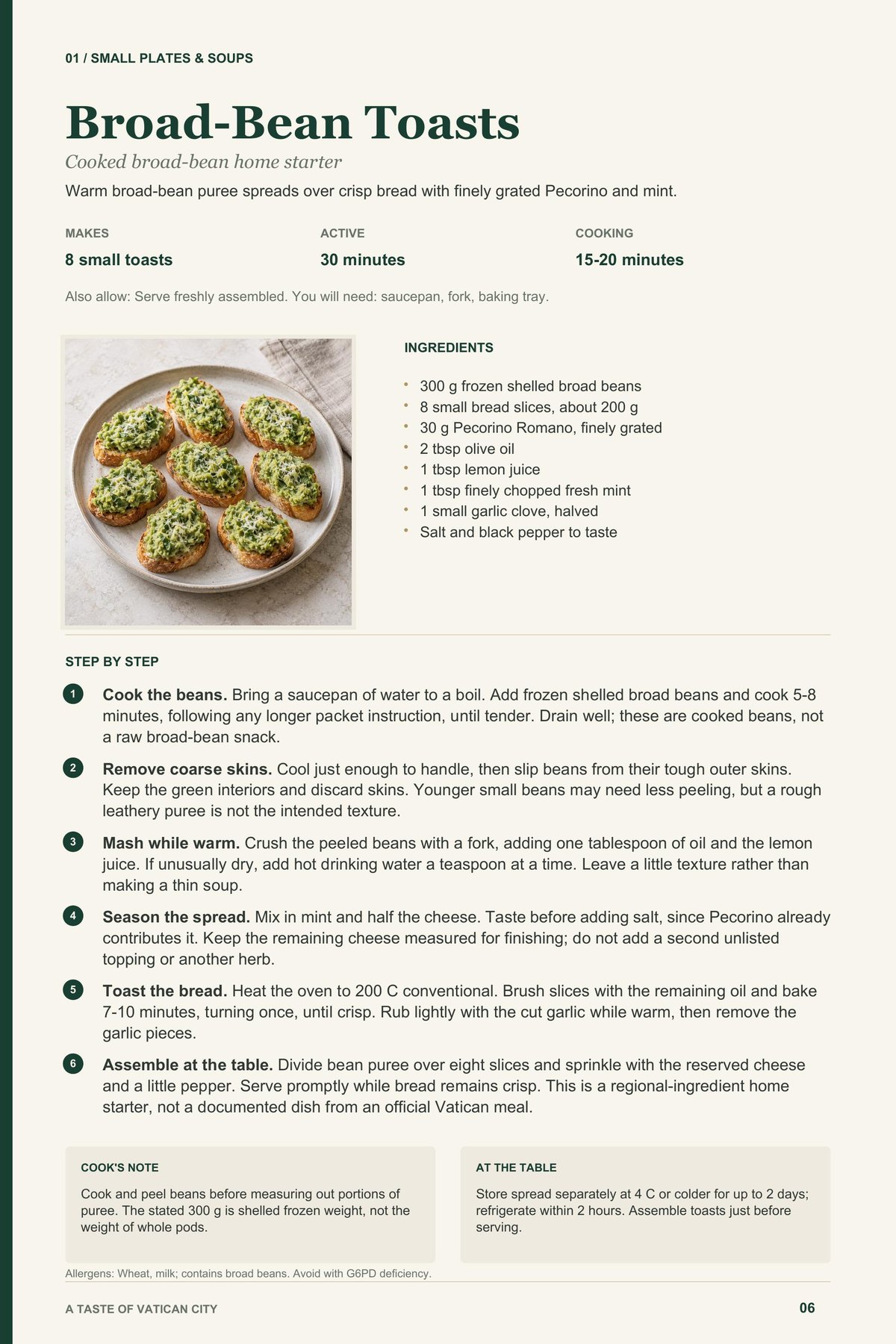 Broad-Bean Toasts recipe page from A Taste of Vatican City