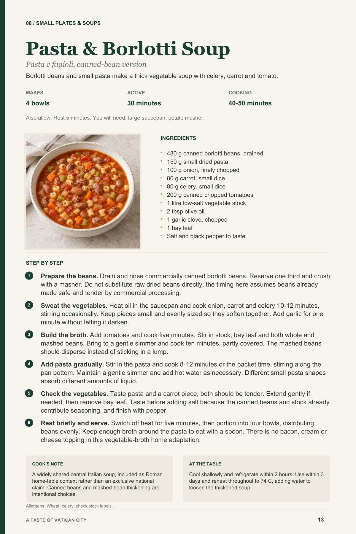 Pasta & Borlotti Soup recipe page from A Taste of Vatican City