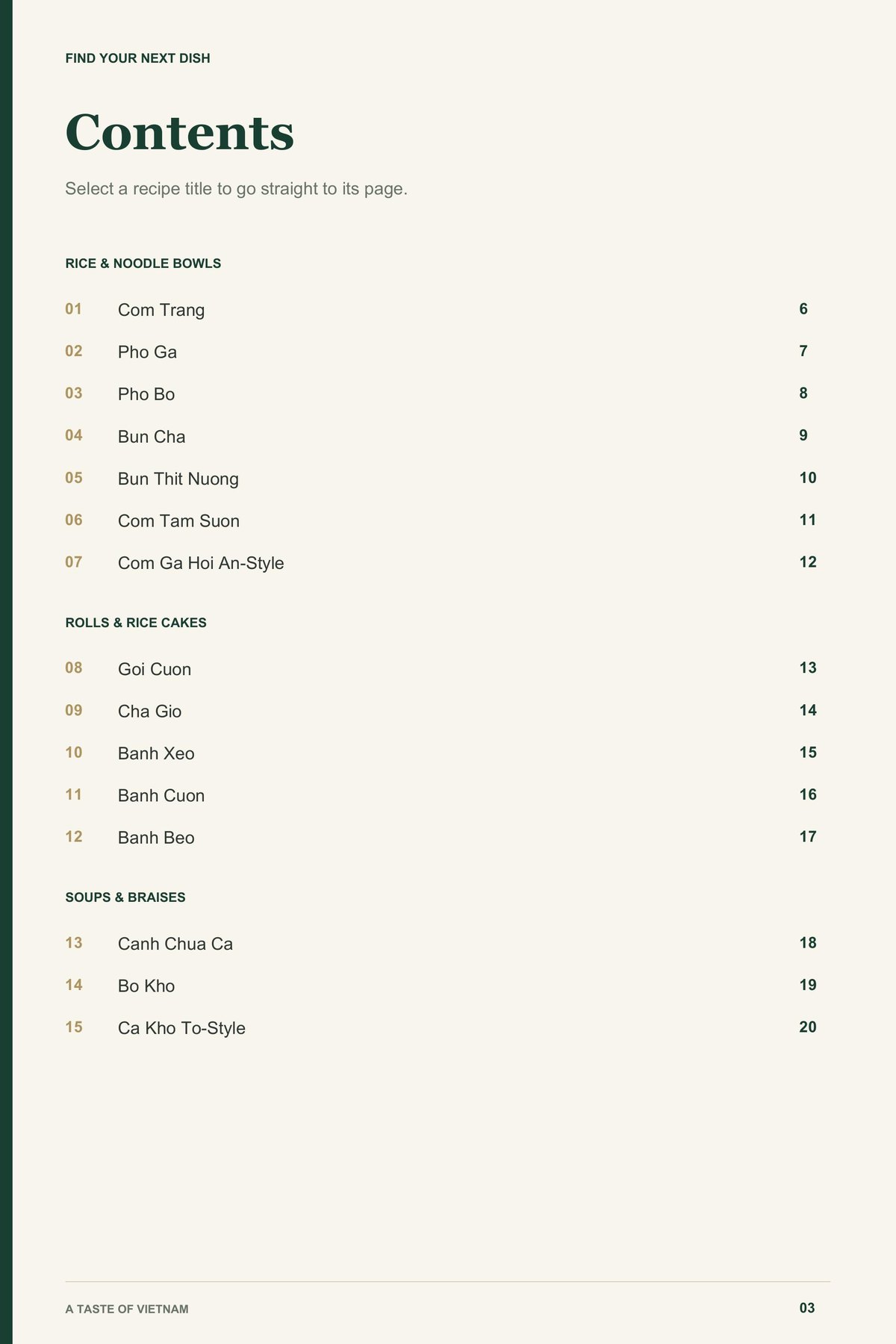 Contents, page 1 from A Taste of Vietnam