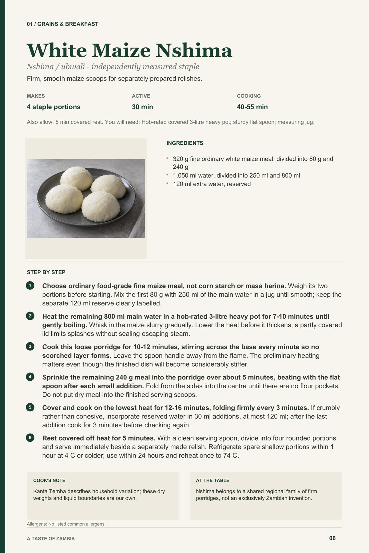 White Maize Nshima recipe page from A Taste of Zambia