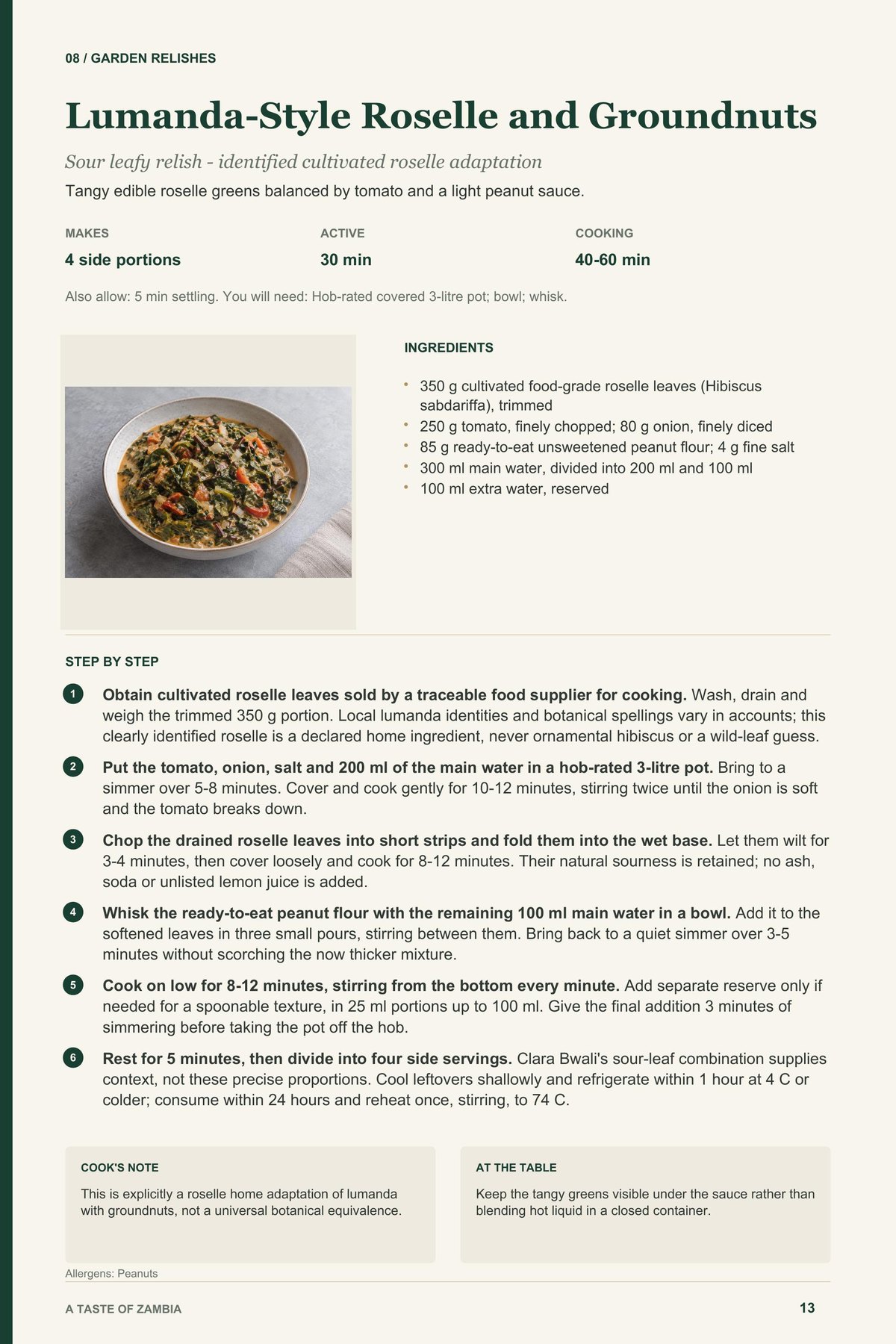Lumanda-Style Roselle and Groundnuts recipe page from A Taste of Zambia