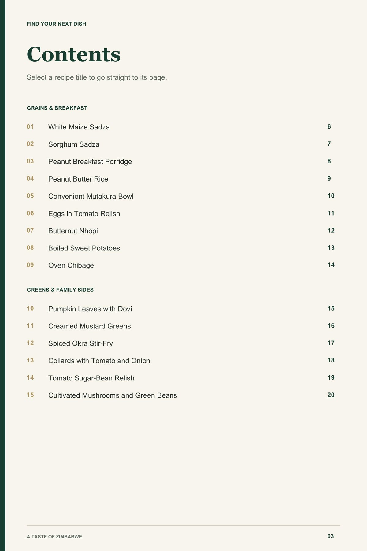 Contents, page 1 from A Taste of Zimbabwe
