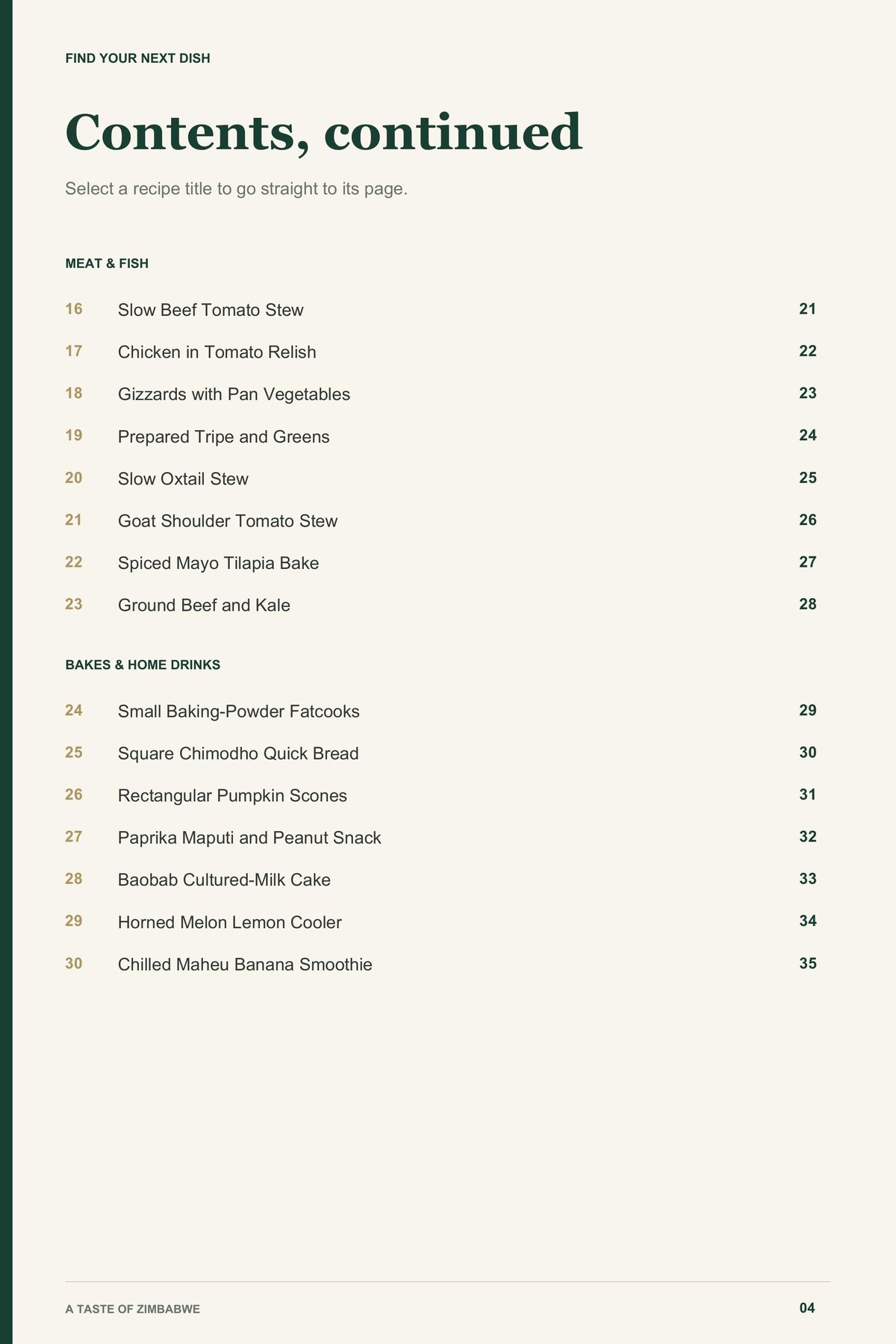 Contents, page 2 from A Taste of Zimbabwe