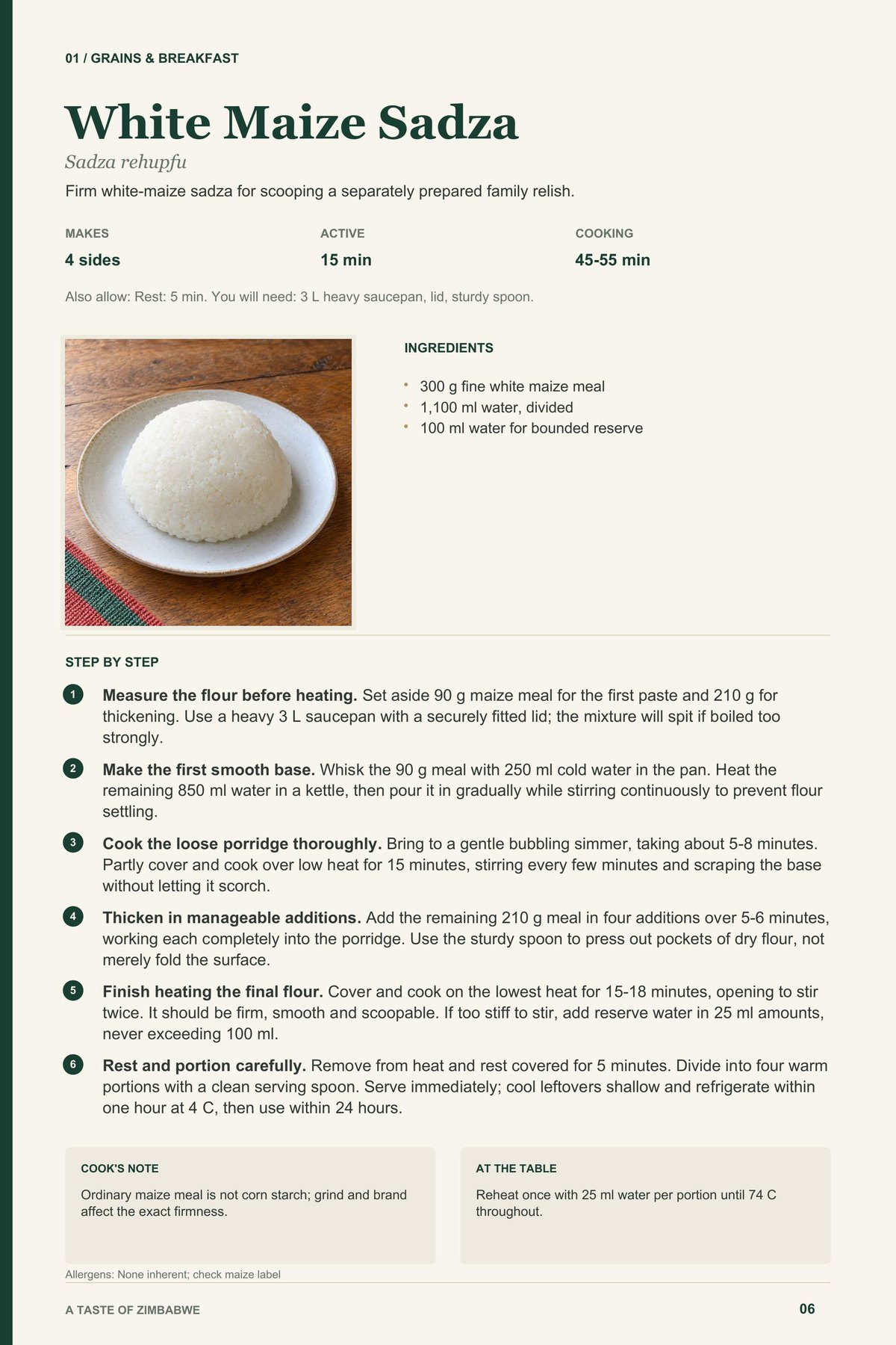 White Maize Sadza recipe page from A Taste of Zimbabwe