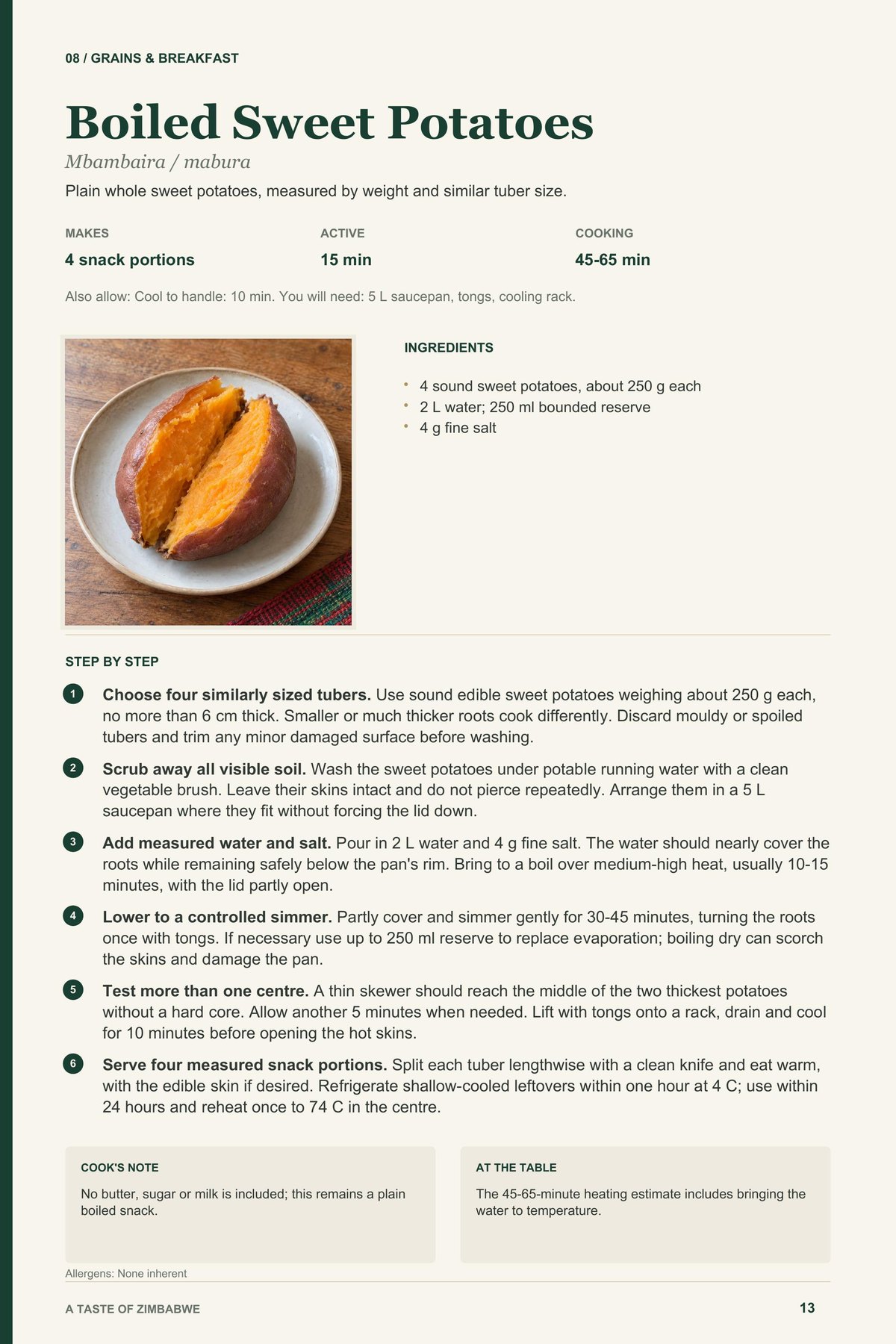 Boiled Sweet Potatoes recipe page from A Taste of Zimbabwe