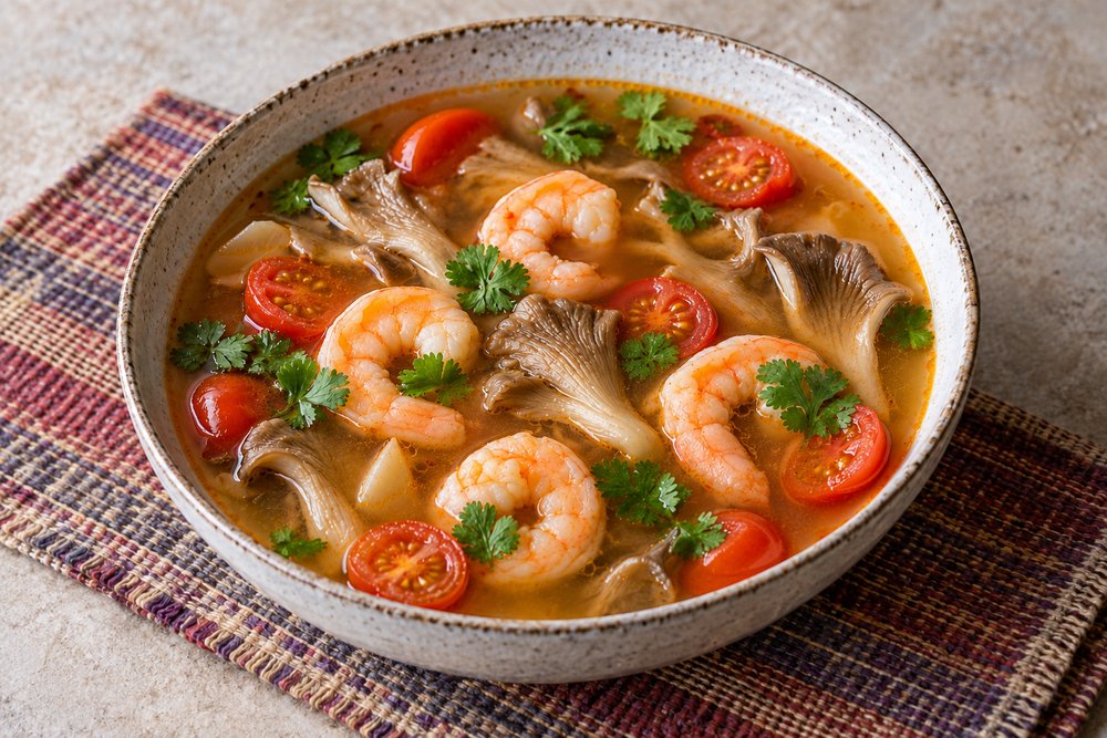 Thai-inspired shrimp soup with mushrooms, tomatoes and fresh herbs
